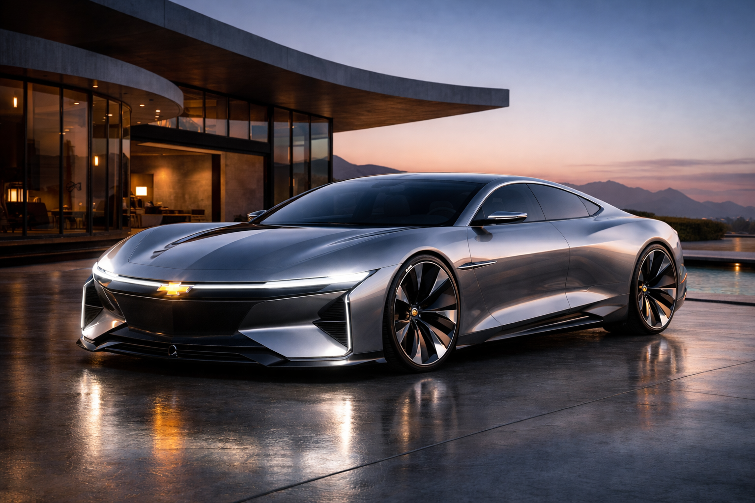 Futuristic silver concept car at dusk