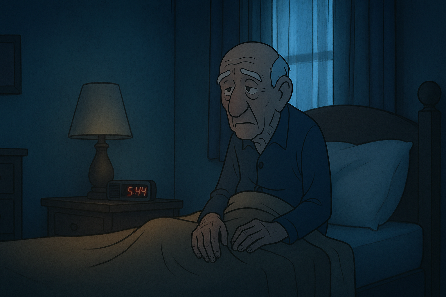 Animated elderly man sitting on a bed at night