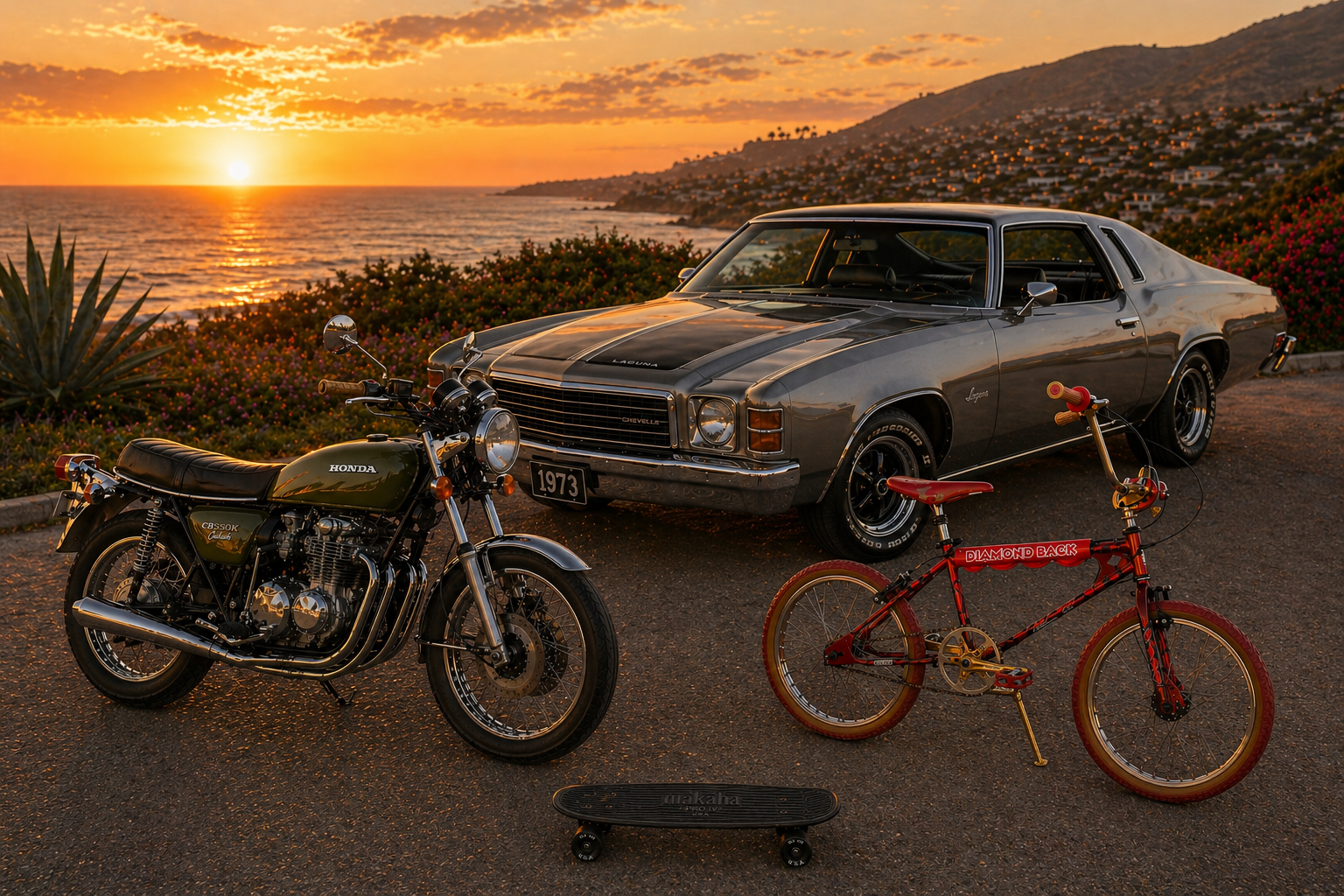 Classic car, motorcycle, bicycle, and skateboard at sunset