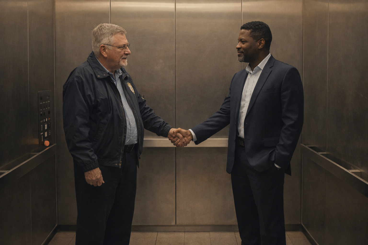 Two professionals shaking hands inside an elevator