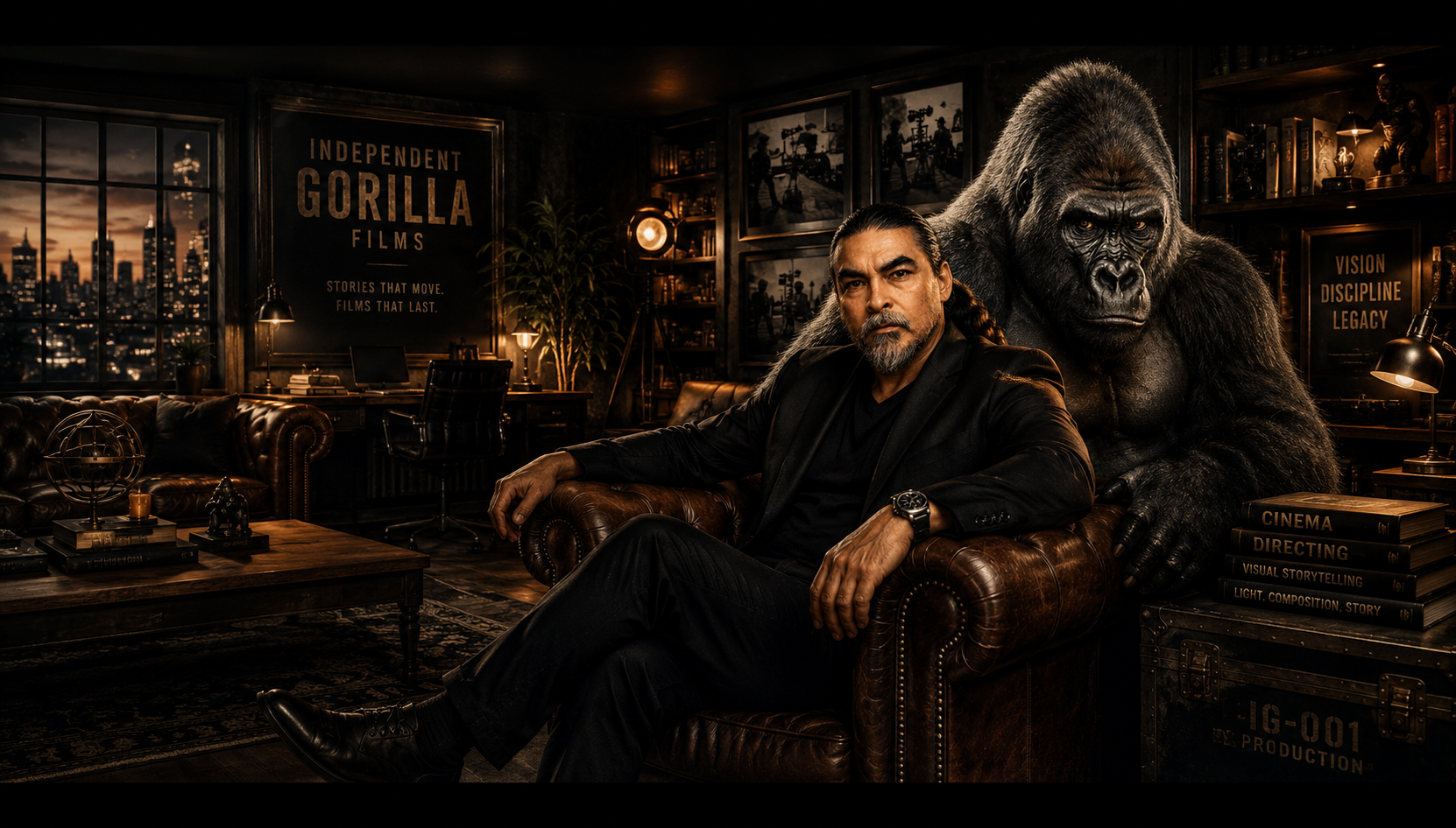 Independent Gorilla filmmaker portrait in a cinematic office