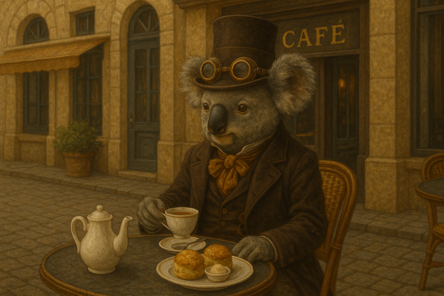 Victorian koala having tea at a cafe