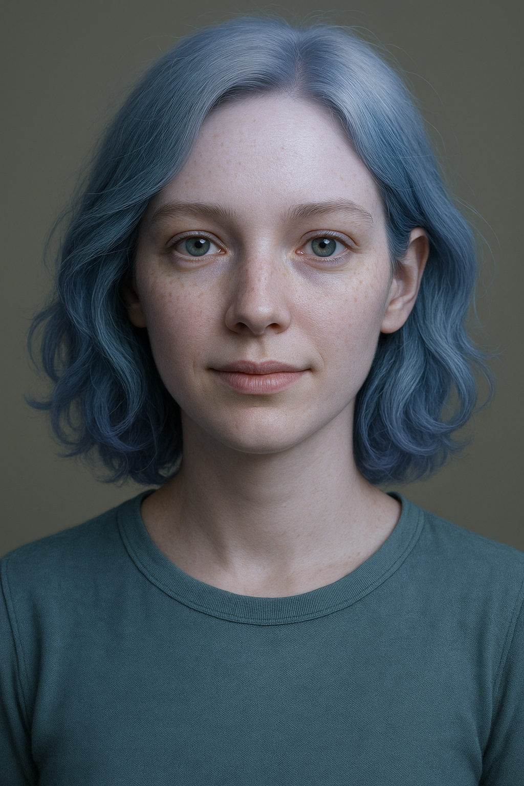 Studio portrait with blue hair