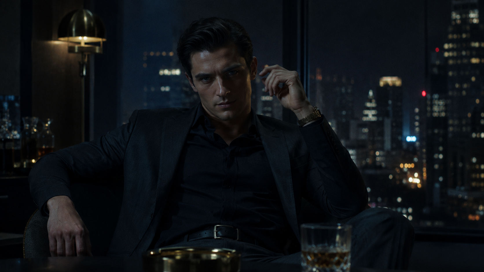 Cinematic portrait of a man in a nighttime office