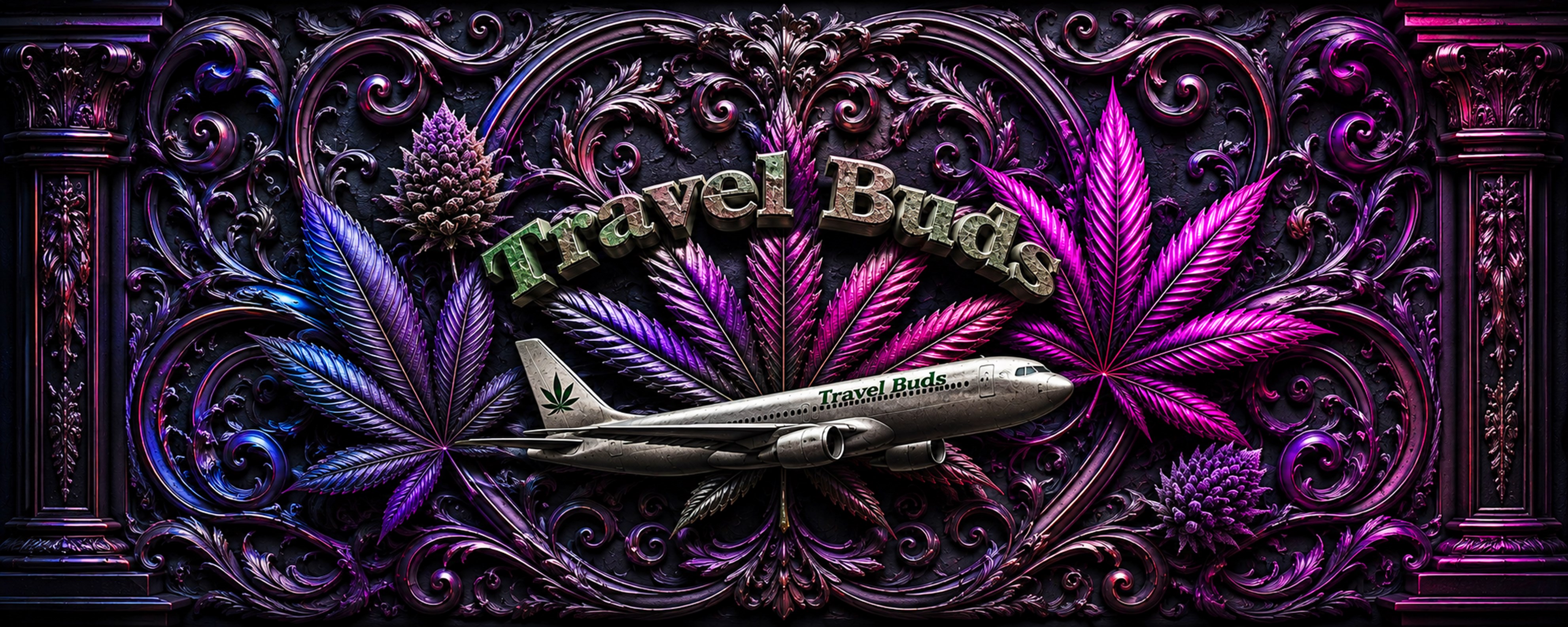 Travel Buds hero artwork featuring a passenger jet crossing vivid purple, magenta, and blue cannabis leaves within an ornate dark frame