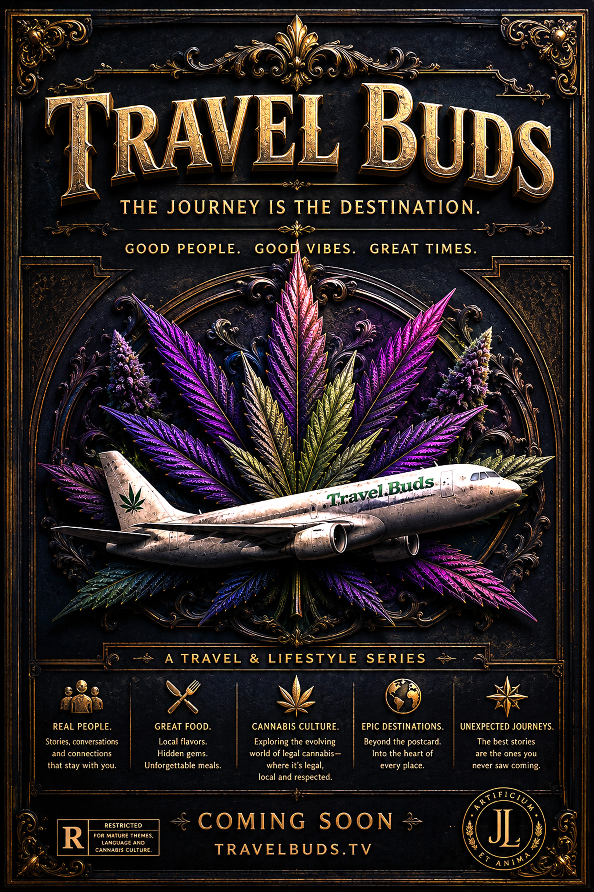 Travel Buds series key art featuring an airplane and colorful cannabis leaves in an ornate gold frame